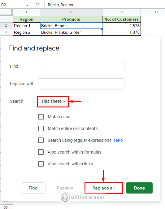 setting the find and replace conditions